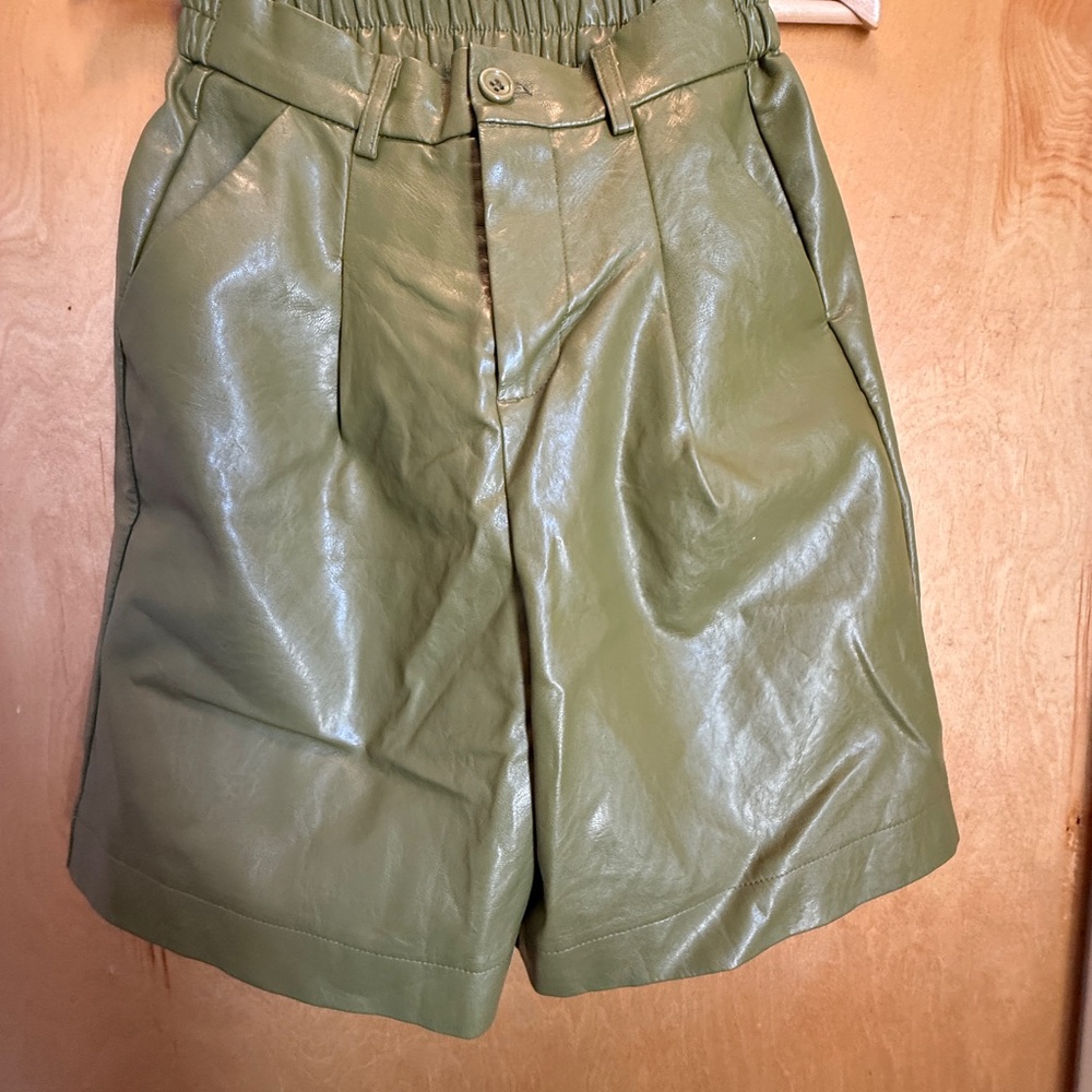 Olive Green Pleated Pleather Shorts